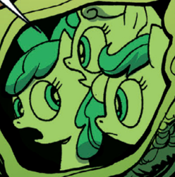 Size: 293x295 | Tagged: safe, artist:andypriceart, edit, idw, apple bloom, scootaloo, sweetie belle, earth pony, pegasus, pony, unicorn, g4, the return of queen chrysalis, spoiler:comic01, bow, cocoon, cropped, cutie mark crusaders, female, filly, foal, hair bow, horn, looking at each other, looking at someone