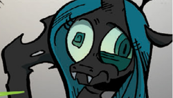 Size: 581x330 | Tagged: safe, artist:andypriceart, edit, idw, queen chrysalis, changeling, changeling queen, pony, g4, the return of queen chrysalis, spoiler:comic01, cropped, crown, derp, dizzy, fangs, female, head rub, hole, horn, jewelry, mare, oof, regalia, swirly eyes