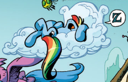 Size: 250x160 | Tagged: safe, artist:andypriceart, edit, idw, firefly, rainbow dash, parasprite, pegasus, pony, g4, the return of queen chrysalis, spoiler:comic01, cloud, cropped, female, lying down, lying on a cloud, mare, multicolored hair, on a cloud, on back, onomatopoeia, rainbow hair, sky, sleeping, snoring, sound effects, z