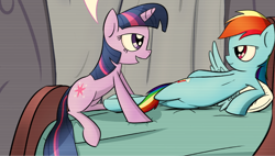 Size: 696x396 | Tagged: safe, artist:subjectnumber2394, edit, rainbow dash, twilight sparkle, pegasus, pony, unicorn, g4, bed, bedroom, bedroom eyes, blanket, comic, cropped, female, horn, lesbian, lying down, mare, multicolored hair, pillow, rainbow hair, ship:twidash, shipping, smiling, spread wings, unicorn twilight, wings