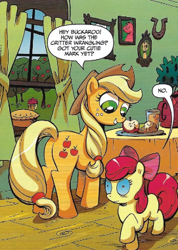 Size: 271x380 | Tagged: safe, artist:andypriceart, edit, idw, apple bloom, applejack, changeling, earth pony, pony, g4, the return of queen chrysalis, spoiler:comic01, apple, apple pie, apple sisters, applejack's hat, basket, bow, butt, changelings are terrible actors, cowboy hat, cropped, dialogue, disguise, disguised changeling, female, filly, foal, food, framed picture, hair bow, hat, infected, juice, mare, orange juice, pie, plot, siblings, sisters, smiling, speech bubble, table, text, tree