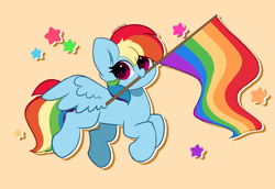 Size: 6432x4432 | Tagged: safe, artist:kittyrosie, rainbow dash, pegasus, pony, g4, absurd resolution, cute, dashabetes, female, flag, flag pole, looking at you, mare, mouth hold, pride, pride flag, pride month, signature, simple background, smiling, smiling at you, solo, spread wings, stars, wings