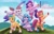 Size: 2048x1325 | Tagged: safe, artist:aegisaplomb, hitch trailblazer, izzy moonbow, pipp petals, sunny starscout, zipp storm, earth pony, pegasus, pony, unicorn, g5, bipedal, female, flying, male, mane five, mare, open mouth, open smile, raised hoof, royal sisters (g5), siblings, sisters, smiling, stallion, underhoof