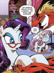Size: 281x380 | Tagged: safe, artist:andy price, edit, idw, official comic, rarity, sweetie belle, pony, unicorn, g4, the return of queen chrysalis, spoiler:comic01, belle sisters, carousel boutique, changelings are terrible actors, cropped, dialogue, disguise, disguised changeling, eyeshadow, fabric, feather, female, filly, foal, glasses, hat, horn, infected, makeup, mannequin, mare, rarity's glasses, siblings, small resolution, speech bubble, text, thread