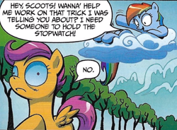 Size: 582x428 | Tagged: safe, artist:andypriceart, edit, idw, official comic, rainbow dash, scootaloo, pegasus, pony, g4, the return of queen chrysalis, spoiler:comic01, changelings are terrible actors, cloud, cropped, dialogue, disguise, disguised changeling, female, filly, foal, infected, lying down, mare, mountain, multicolored hair, on a cloud, on back, rainbow hair, siblings, sisters, sky, smiling, speech bubble, spread wings, text, tree, waving, wings