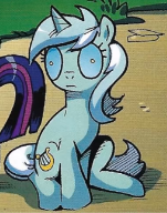 Size: 151x192 | Tagged: safe, artist:andypriceart, edit, idw, official comic, lyra heartstrings, pony, unicorn, g4, the return of queen chrysalis, spoiler:comic01, changelings are terrible actors, cropped, disguise, disguised changeling, female, harp, horn, infected, mare, musical instrument, sitting, small resolution