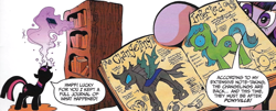Size: 664x269 | Tagged: safe, artist:andypriceart, edit, idw, twilight sparkle, changeling, earth pony, pony, unicorn, g4, the return of queen chrysalis, spoiler:comic01, book, bookshelf, cropped, dialogue, disguise, disguised changeling, female, horn, infected, magic, mare, speech bubble, spread wings, telekinesis, text, tongue out, unicorn twilight, wings, x eyes