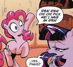 Size: 415x380 | Tagged: safe, artist:andypriceart, edit, idw, official comic, pinkie pie, twilight sparkle, earth pony, pony, unicorn, g4, the return of queen chrysalis, spoiler:comic01, book, bookshelf, cropped, dialogue, female, horn, mare, speech bubble, text, twilight sparkle is not amused, unamused, unicorn twilight