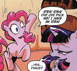 Size: 415x380 | Tagged: safe, artist:andy price, edit, idw, official comic, pinkie pie, twilight sparkle, earth pony, pony, unicorn, g4, the return of queen chrysalis, spoiler:comic01, book, bookshelf, cropped, dialogue, female, horn, mare, speech bubble, text, twilight sparkle is not amused, unamused, unicorn twilight