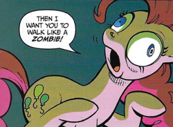 Size: 516x380 | Tagged: safe, artist:andypriceart, edit, idw, official comic, pinkie pie, earth pony, pony, g4, the return of queen chrysalis, spoiler:comic01, cropped, derp, dialogue, female, mare, speech bubble, text