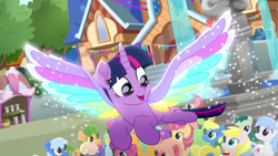 Size: 1280x720 | Tagged: safe, screencap, twilight sparkle, alicorn, earth pony, pony, g4, my little pony: rainbow roadtrip, female, mare, solo focus, twilight sparkle (alicorn), unnamed character, unnamed pony, wing bling, wings