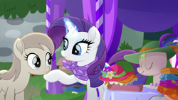 Size: 1280x720 | Tagged: safe, screencap, rarity, earth pony, pony, unicorn, g4, my little pony: friendship is magic, my little pony: rainbow roadtrip, background pony, booth, desaturated, female, hat, horn, magic, magic aura, mare, price tag