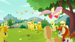 Size: 1280x720 | Tagged: safe, screencap, fluttershy, butterfly, earth pony, pegasus, pony, g4, my little pony: rainbow roadtrip, clothes, dot cutie mark, hill, leg warmers, tree, unnamed character, unnamed pony, yellow fur, yellow pony