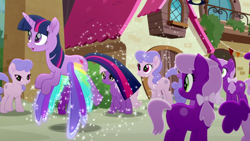 Size: 1280x720 | Tagged: safe, screencap, twilight sparkle, alicorn, earth pony, pony, g4, my little pony: rainbow roadtrip, dot cutie mark, purple pony, twilight sparkle (alicorn), wing bling, wings