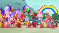 Size: 1280x720 | Tagged: safe, screencap, moody root, earth pony, pegasus, pony, unicorn, g4, my little pony: rainbow roadtrip, dot cutie mark, elderly, female, food, hope hollow, male, mare, pie, red fur, red pony, stallion, unnamed character, unnamed pony