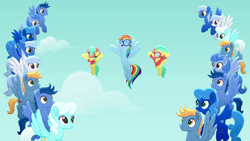 Size: 1280x720 | Tagged: safe, screencap, barley barrel, pickle barrel, rainbow dash, pegasus, pony, g4, rainbow roadtrip, blue fur, clothes, female, flying, goggles, hoodie, male, mare, shirt, stallion, t-shirt, unnamed character, unnamed pony