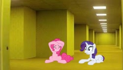 Size: 744x422 | Tagged: safe, artist:benpictures1, artist:decompressor, artist:drfatalchunk, pinkie pie, rarity, earth pony, pony, unicorn, g4, carpet, cute, diapinkes, duo, duo female, female, hallway, irl, lights, mare, outlet, photo, ponies in real life, raribetes, the backrooms