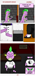 Size: 592x1280 | Tagged: safe, artist:spike-love, spike, dragon, comic:the legendary dragon story, g4, angry, bedroom, clothes, comic, comic page, excited, happy, hug, kung fu, male, martial arts, standing, student, wearing, yin-yang