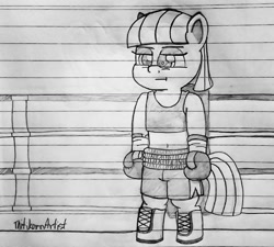 Size: 1280x1153 | Tagged: safe, artist:ct1443ae, maud pie, earth pony, semi-anthro, g4, boxing, boxing gloves, boxing ring, boxing shorts, clothes, lined paper, pencil drawing, shorts, solo, sports, traditional art