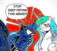 Size: 240x218 | Tagged: safe, edit, idw, princess celestia, princess luna, alicorn, pony, friendship is magic #18, g4, spoiler:comic, deep fried meme, luna is not amused, meme, royal sisters, siblings, sisters, unamused