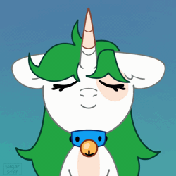 Size: 560x560 | Tagged: safe, artist:sugarstar, oc, oc only, oc:sugarstar, pony, unicorn, animated, bell, bell collar, blue background, bust, collar, eyes closed, female, floppy ears, front view, gif, horn, loop, mare, party soft, signature, simple background, smiling, solo, unicorn oc, vibing