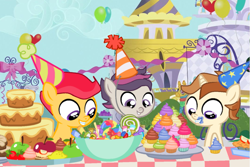 Size: 1261x843 | Tagged: safe, artist:swiftgaiathebrony, apple bloom, scootaloo, sweetie belle, oc, oc:jazz apple, oc:sonic singer, oc:thunder dash, earth pony, pegasus, pony, unicorn, g4, birthday, birthday party, colt, cutie mark crusaders, foal, hat, male, next generation, offspring, parent:apple bloom, parent:button mash, parent:rumble, parent:scootaloo, parent:sweetie belle, parent:tender taps, parents:rumbloo, parents:sweetiemash, parents:tenderbloom, party, party hat, piñata, trio