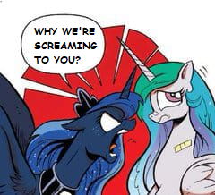 Size: 240x218 | Tagged: safe, edit, idw, princess celestia, princess luna, alicorn, pony, friendship is magic #18, g4, spoiler:comic, angry, angry face, female, luna is not amused, meme, royal sisters, siblings, sisters, text edit, unamused