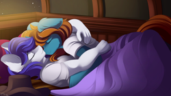 Size: 4058x2272 | Tagged: safe, artist:conrie, derpibooru exclusive, oc, oc only, oc:delta, oc:dust runner, earth pony, unicorn, anthro, fallout equestria, bed, clothes, crossover, cuddling, earth pony oc, fallout, high res, horn, night, sleeping, text, unicorn oc, wagon, wasteland