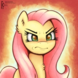 Size: 1620x1620 | Tagged: safe, artist:rcooper, fluttershy, pegasus, pony, g4, angry, blushing, ear fluff, female, fire, half body, mare, peeved, pink hair, solo