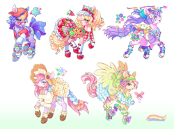 Size: 3164x2360 | Tagged: safe, artist:roccoco-co, berry bright, clever clover, morning glory (g2), petal blossom, sky skimmer, butterfly, earth pony, pegasus, pony, unicorn, g2, blushing, cap, clothes, converse, dress, happy, hat, high res, redesign, shoes, smiling, socks, spread wings, sunglasses, wings