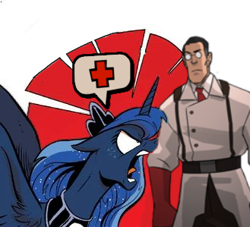 Size: 329x299 | Tagged: safe, edit, idw, princess luna, alicorn, human, pony, friendship is magic #18, g4, spoiler:comic, crossover, luna is not amused, medic, medic (tf2), team fortress 2, unamused