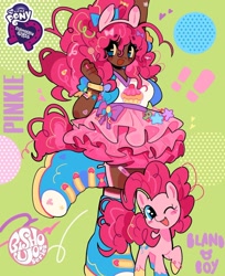 Size: 1080x1325 | Tagged: safe, artist:bland__boy, kotobukiya, pinkie pie, earth pony, human, g4, bandage, bishoujo, blushing, boots, bow, bracelet, candy, candy corn, clothes, converse, cupcake, curly hair, dark skin, exclamation point, female, food, hair bow, heart, humanized, jewelry, one eye closed, shoes, skirt, smiling, solo, stars, wink