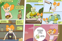 Size: 3931x2599 | Tagged: safe, artist:matchstickman, grand pear, granny smith, pear butter, earth pony, anthro, comic:the other side, g4, abs, axe, breasts, busty granny smith, clothes, comic, deltoids, female, gloves, granny smash, gritted teeth, high res, ladder, male, mare, muscles, muscular female, panting, pear tree, stallion, sweet apple acres, teenager, teeth, tree, weapon, young granny smith, young pear butter, younger