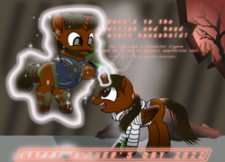 Size: 10546x7585 | Tagged: safe, artist:php178, oc, oc only, oc:nocturnal vision, oc:willing vision, alicorn, pony, unicorn, fallout equestria, g4, my little pony: rainbow roadtrip, .svg available, alicorn oc, beard, binary code, broken, brown eyes, calculator, clothes, duo, equestria font, face down ass up, facial hair, fallout equestria oc, father and child, father and daughter, father's day, female, floating, folded wings, graph, hair, heart, highlights, holly, hoodie, hoof heart, horn, inkscape, jumpsuit, levitation, lifting, looking at each other, loose hair, magic, magic aura, male, male and female, mane, moustache, movie accurate, music notes, nc-tv signature, nocturnal vision's striped hoodie, pipbuck, realistic mane, red sky, shading, smiling, smiling at each other, stallion, stallion oc, striped hoodie, svg, tail, telekinesis, text, tree, unicorn oc, vault suit, vector, wall, wasteland, wings