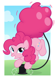 Size: 2100x2970 | Tagged: safe, artist:candy meow, pinkie pie, earth pony, pony, balloon, cartoon physics, cloud, cute, diapinkes, female, high res, inflated tail, inflation, mare, pinkie being pinkie, pinkie physics, pump, tail