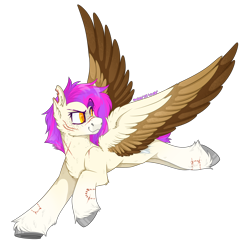 Size: 2300x2300 | Tagged: safe, alternate version, artist:molars, oc, oc:molars, pegasus, pony, bitemarks, chest fluff, fluffy, flying, high res, ponysona, scar, simple background, solo, spread wings, torn ear, transparent background, unshorn fetlocks, wings