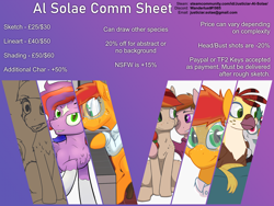 Size: 1600x1200 | Tagged: safe, artist:al solae, oc, earth pony, griffon, hippogriff, pegasus, pony, advertisement, colored, commission info, female, griffon oc, male, mare, reference sheet, sketch, stallion
