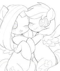 Size: 1421x1684 | Tagged: safe, artist:ginmaruxx, fluttershy, rainbow dash, pegasus, pony, g4, duo, duo female, female, lesbian, looking at each other, looking at someone, mare, monochrome, one eye closed, open mouth, open smile, ship:flutterdash, shipping, simple background, smiling, white background, wings