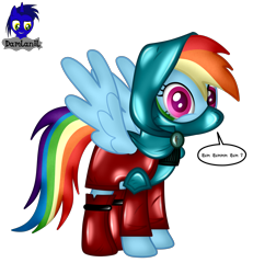 Size: 3840x4154 | Tagged: safe, alternate version, artist:damlanil, rainbow dash, pegasus, pony, g4, boots, cloak, clothes, comic, female, happy, hood, latex, latex boots, mare, mask, muffled words, rainbow rogue, rubber, shiny, shoes, show accurate, simple background, solo, speech bubble, spread wings, standing, text, transparent background, vector, wings