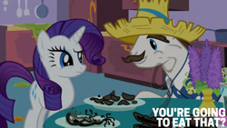 Size: 1280x720 | Tagged: safe, edit, edited screencap, editor:quoterific, screencap, hondo flanks, rarity, sweetie belle, pony, unicorn, g4, season 2, sisterhooves social, carousel boutique, cooking, duo, female, food, male, mare, stallion, sweetie belle can't cook, sweetie fail, text