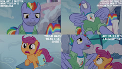 Size: 1280x720 | Tagged: safe, edit, edited screencap, editor:quoterific, screencap, bow hothoof, scootaloo, pegasus, pony, g4, parental glideance, season 7, bag, duo, female, filly, foal, grin, male, nose in the air, open mouth, open smile, saddle bag, smiling, spread wings, stallion, text, wings