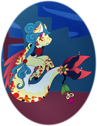 Size: 1280x1656 | Tagged: safe, artist:soft-sheep, oc, oc only, merpony, seapony (g4), blue mane, bubble, dorsal fin, fish tail, flowing tail, ocean, red eyes, smiling, solo, tail, underwater, unshorn fetlocks, water