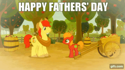 Size: 640x360 | Tagged: safe, edit, edited screencap, editor:quoterific, screencap, big macintosh, bright mac, earth pony, pony, g4, going to seed, season 9, ^^, animated, butt, caption, colt big macintosh, cute, duo, eyes closed, father's day, flashback, gif, gifs.com, grin, image macro, macabetes, male, plot, smiling, stallion, text, wagon, younger