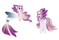 Size: 2604x1757 | Tagged: safe, artist:latoshp, oc, oc only, classical hippogriff, hippogriff, seapony (g4), beak, colored pupils, dorsal fin, female, fin wings, fins, fish tail, flowing mane, flowing tail, folded wings, grin, looking at you, mare, purple eyes, purple mane, simple background, smiling, solo, tail, white background, wings