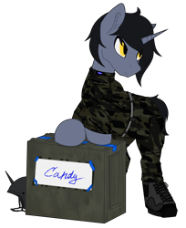 Size: 1300x1590 | Tagged: safe, artist:syntiset, oc, oc only, oc:syntiset, pony, unicorn, ankle boots, belt, bipedal, bipedal leaning, boots, box, camouflage, clothes, crate, eye clipping through hair, helmet, horn, leaning, looking at each other, looking at someone, male, military, military uniform, pants, pony oc, ponybooru collab 2022, shoes, simple background, solo, spread legs, spreading, stallion, transparent background, unicorn oc, uniform
