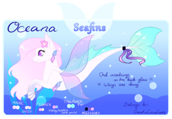 Size: 900x621 | Tagged: safe, artist:creativecocoacookie, oc, oc only, merpony, seapony (g4), bubble, dorsal fin, female, fin wings, fins, fish tail, flower, flower in hair, flowing mane, flowing tail, ocean, pink mane, signature, smiling, solo, tail, text, underwater, water, wings