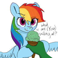 Size: 1000x1000 | Tagged: safe, artist:redruin01, color edit, edit, rainbow dash, oc, oc:anon, human, pegasus, pony, g4, (you), colored, cute, dashabetes, dialogue, eye clipping through hair, eyebrows, eyebrows visible through hair, female, food, hand, holding, human male, human oc, ice cream, ice cream cone, ice cream on nose, looking at you, male, mare, offscreen character, pov, simple background, smiling, smirk, spread wings, talking, talking to viewer, transparent background, wings