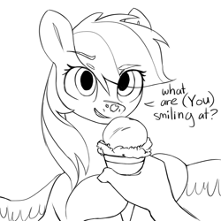 Size: 1000x1000 | Tagged: safe, artist:redruin01, rainbow dash, oc, oc:anon, human, pegasus, pony, g4, (you), cute, dashabetes, dialogue, eye clipping through hair, eyebrows, eyebrows visible through hair, female, food, grayscale, hand, human male, human oc, ice cream, ice cream cone, ice cream on nose, lineart, looking at you, male, mare, monochrome, offscreen character, pov, simple background, sketch, smiling, smirk, spread wings, talking, talking to viewer, white background, wings
