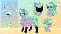 Size: 3288x1856 | Tagged: safe, artist:honeybbear, oc, oc:glitter pen, pony, unicorn, colored horn, female, horn, mare, reference sheet, solo