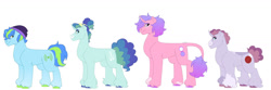 Size: 1280x427 | Tagged: safe, artist:itstechtock, oc, oc only, oc:glitz n' glam, oc:high kick, oc:sound wave, oc:step-ball-change, pony, unicorn, female, male, mare, parent:dear darling, parent:glamor trot, parent:glamour trot, parent:glitter spritz, parent:lipstick vanity, parent:smooth vibes, parents:dearvibes, parents:glamourvibes, parents:vanityspritz, simple background, stallion, white background